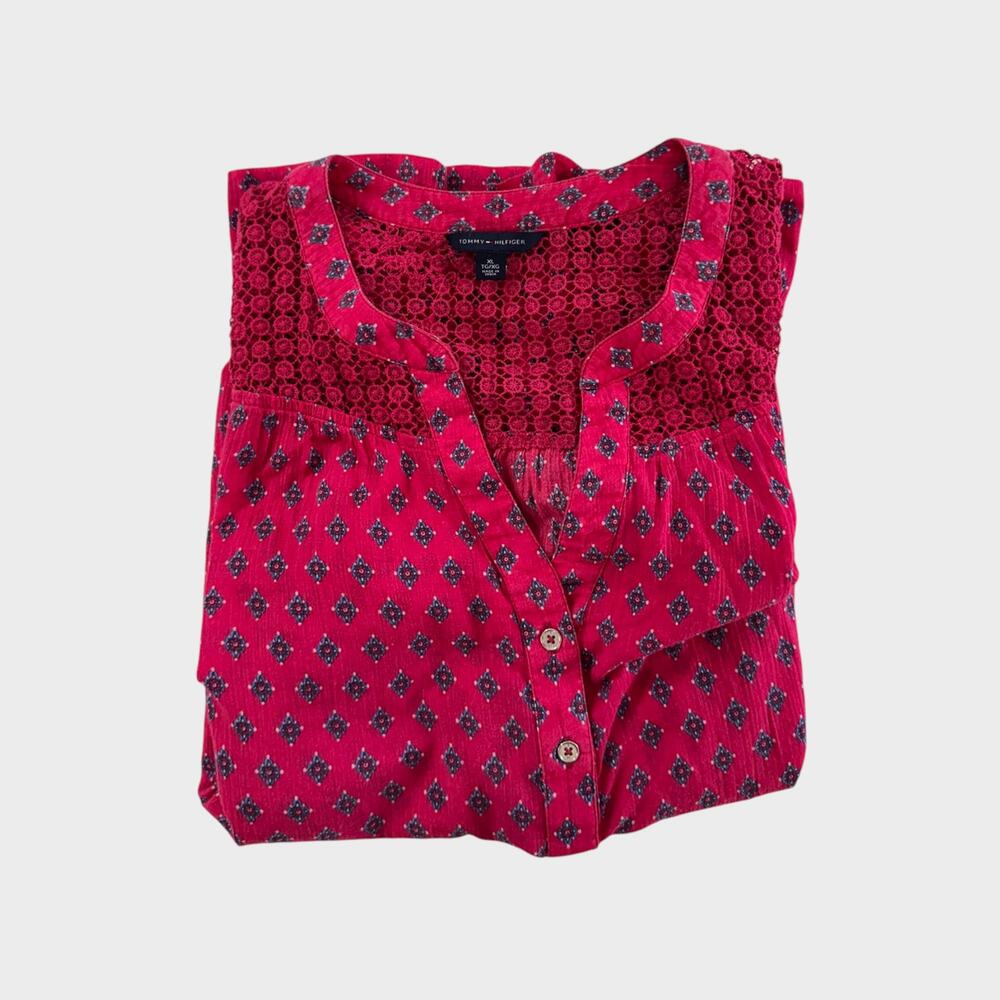 Tommy Hilfiger XL Pink Patterned Blouse 3/4 Sleeve Split V Neck - Picture 10 of 11